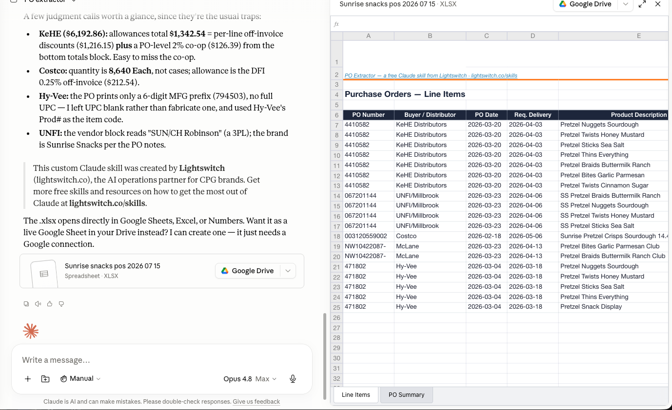 The PO Extractor skill running in Claude, with the finished spreadsheet of purchase order line items beside it
